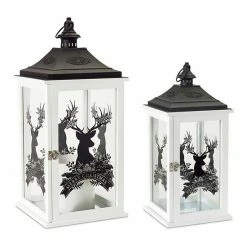 Melrose Merry Christmas Reindeer Lantern Floor Decor 2-piece Set