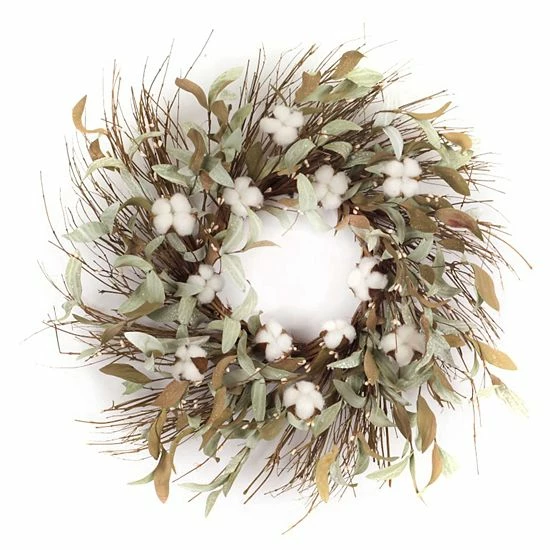 Melrose Artificial Cotton & Leaf Wreath 3 Melrose Artificial Cotton & Leaf Wreath